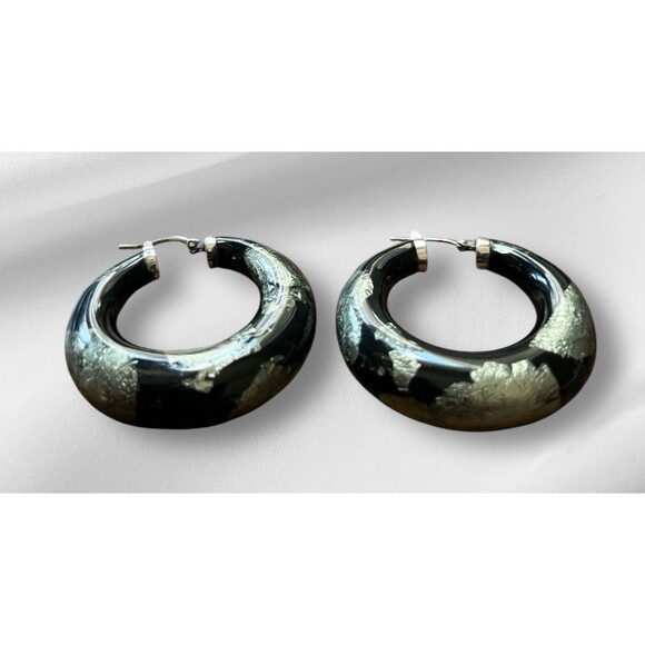 SOHO SLVR Bangle Earrings Diamond  14 CT White Gold Leaf Enamel Sterling Italy - Picture 6 of 7